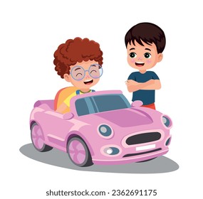 Cute boy driving a toy electric car vector cartoon illustration isolated on white background