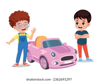 Cute boy driving a toy electric car vector cartoon illustration isolated on white background