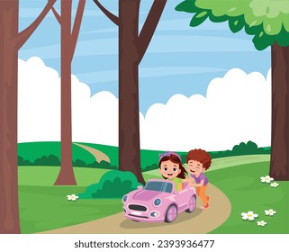 Cute boy driving a toy electric car vector cartoon illustration isolated on white background