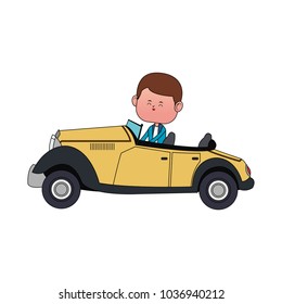 Cute boy driving vintage car