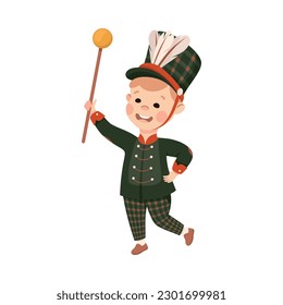 Cute boy drum major. Happy kid in black traditional costume marching band parade with rod cartoon vector illustration