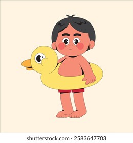 Cute Boy with Duck Buoy Cartoon Character Illustration