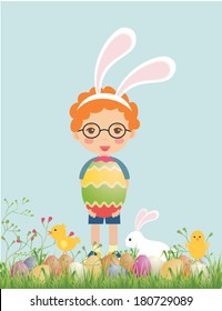 Cute boy with easter bunny and decorated eggs. Vector illustration