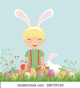 Cute boy with easter bunny and decorated eggs. Vector illustration