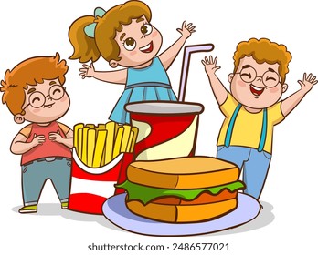 A cute Boy eat hamburger with french fries, and soda. he eat fast food.