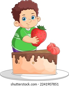 A cute boy eating a big cake and a big strawberry of illustration