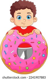 Un chico lindo comiendo un gran donut de ilustración