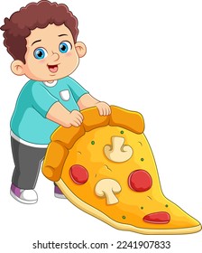 A cute boy eating a big pizza slice of illustration