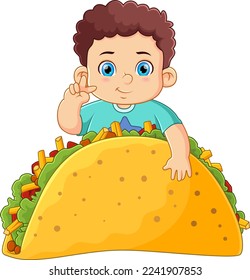 A cute boy eating a big sandwich of illustration