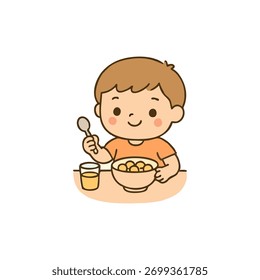 Niño lindo que come el desayuno – Ilustración vectorial plana de la rutina de la mañana del niño feliz