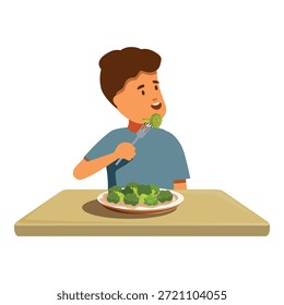 Cute boy eating broccoli with a fork, promoting healthy eating habits for children