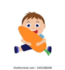 Cute boy eating carrot. Child with vegetable. Vector cartoon illustration for print, design. 