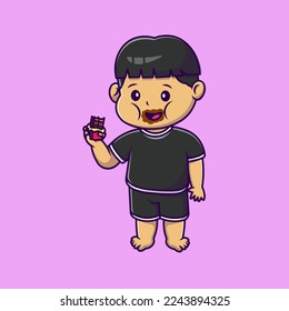 Cute Boy Eating Chocolate Bar Cartoon Vector Icons Illustration. Flat Cartoon Concept. Suitable for any creative project.