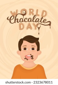 Cute boy eating chocolate Happy world chocolate day template Vector illustration