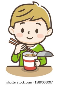 Cute boy eating cup ramen