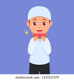 Cute boy eating fresh watermelon, happy face