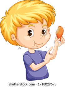 Un chico lindo comiendo pollo frito en una ilustración de fondo blanco