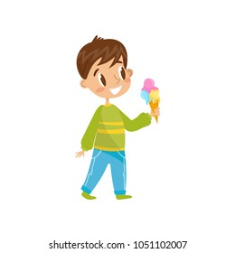 Cute boy eating ice cream cone vector Illustration on a white background