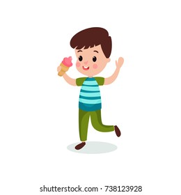 Cute boy eating ice cream cartoon vector illustration