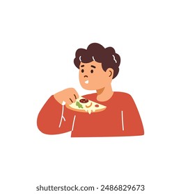 Lindo niño comiendo pizza rebanada Vector ilustración plana. Carácter de niño hambriento con apetito mordiendo pizza mozzarella, disfrutando de una sabrosa masa con verduras, salami y queso. Refrigerio de comida rápida aislado