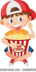 Cute Boy Eating Popcorn Illustration