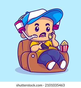 Cute Boy Eating Popcorn On Sofa Cartoon Vector Icon Illustration. People Food Icon Concept Isolated Premium Vector. Flat Cartoon Style