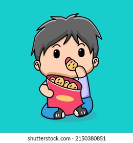 Cute boy eating potato chips cartoon design