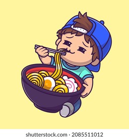 Cute Boy Eating Ramen Noodle Cartoon Vector Icon Illustration. People Food Icon Concept Isolated Premium Vector. Flat Cartoon Style