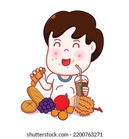 Cute boy eating ramen noodle cartoon vector icon illustration. people food icon concept isolated premium vector. flat cartoon style