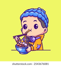 Niño lindo comiendo fideos de ramen con ilustración de icono de Vector de dibujos animados de palillos. Icono de música de alimentos Concepto aislado Premium Vector. Estilo plano de la historieta