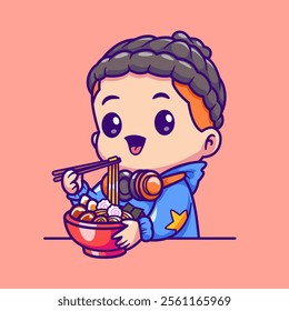 Cute Boy Eating Ramen Noodle With Chopstick Cartoon Vector 
Icon Illustration. Food Music Icon Concept Isolated Premium 
Vector. Flat Cartoon Style