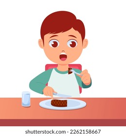 Cute boy eating steak, white background