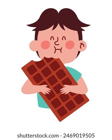 cute boy eating sweet chocolate bar cartoon