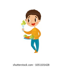 Cute boy eating vegetables on a plate with fork vector Illustration on a white background
