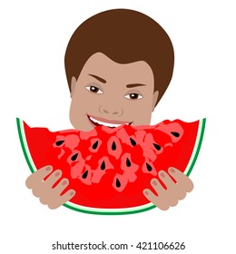 Cute boy eating watermelon. Watermelon illustration. Eating watermelon vector. Boy having watermelon for lunch. Isolated.