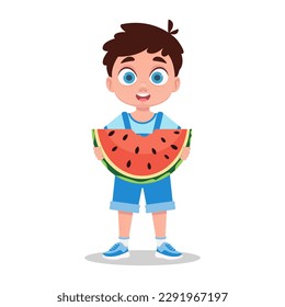 Cute boy eating watermelon, vector illustration