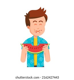 a cute boy eats watermelon and really enjoys it