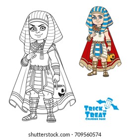 Cute boy in Egyptian Pharaoh costume with a pumpkin bag for sweets trick or treat color and outlined for coloring page