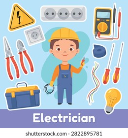 Cute boy electrician with electrical tools set. Vector cartoon illustration of child repairman with multimeter, pliers, screwdrivers, electric wires, power socket, toolbox, and lightbulb. Isolated design elements.