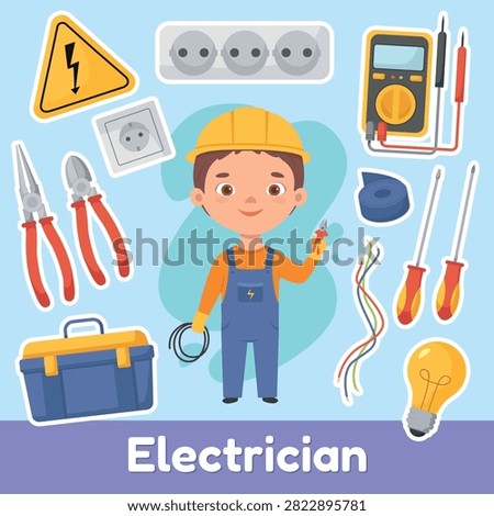 Cute boy electrician with electrical tools set. Vector cartoon illustration of child repairman with multimeter, pliers, screwdrivers, electric wires, power socket, toolbox, and lightbulb. Isolated design elements.