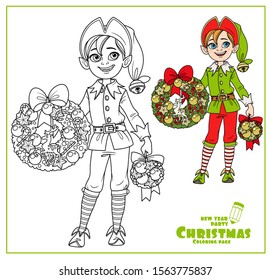 Cute boy elf Santa assistant holding Christmas wreath color and outlined for coloring page