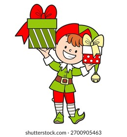 Auxiliar lindo del elfo del muchacho Santas que sostiene los regalos del año nuevo aislados en un fondo blanco 