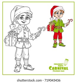 Cute boy in elf Santa's assistant costume color and outlined for coloring page