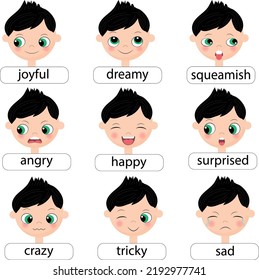 Cute boy emotions collection. Different emotional faces set. 