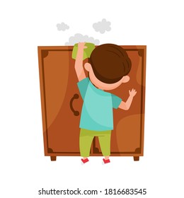 Cute Boy Engaged in Dusting Closet Vector Illustration
