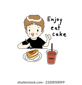 cute boy enjoy eat cake and juice, hand drawn style vector