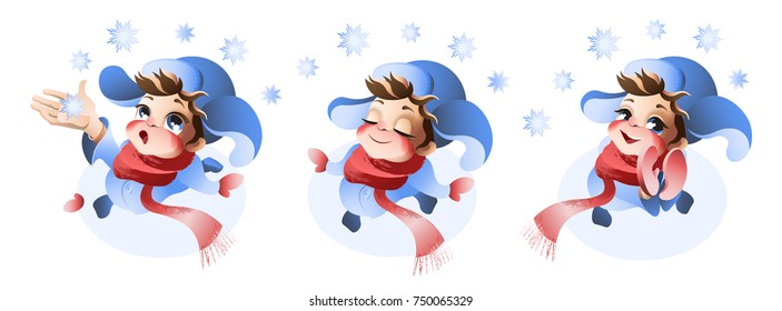 Cute boy enjoying the first snow. Illustration isolated on white background