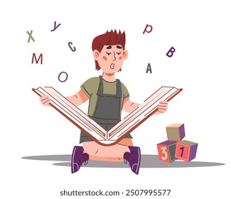 Muchacho lindo que disfruta de leer libros, Ilustración vectorial plana de la historieta aislada en el fondo blanco. La educación de los niños y el desarrollo temprano del amor por la lectura y las habilidades.