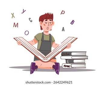 Cute boy enjoying reading books, vector illustration isolated on white background. Reading skills  and fun  for children. Learning and education.