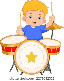 a cute boy enthusiastically plays a drum set of illustration